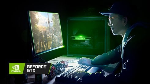  A gamer playing on a Gaming Desktop powered by a GeForce GTX 16 series graphics card.