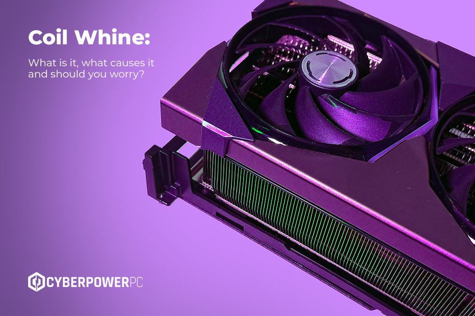 An illustration for the article "Coil Whine, what is it, what causes it and should you worry?" featuring answers about how to stop and reduce coil whine. The image features a purple graphics card. Graphics cards are the main producers of coil whine, but this can also happen in PSUs (power supplies) and motherboards.