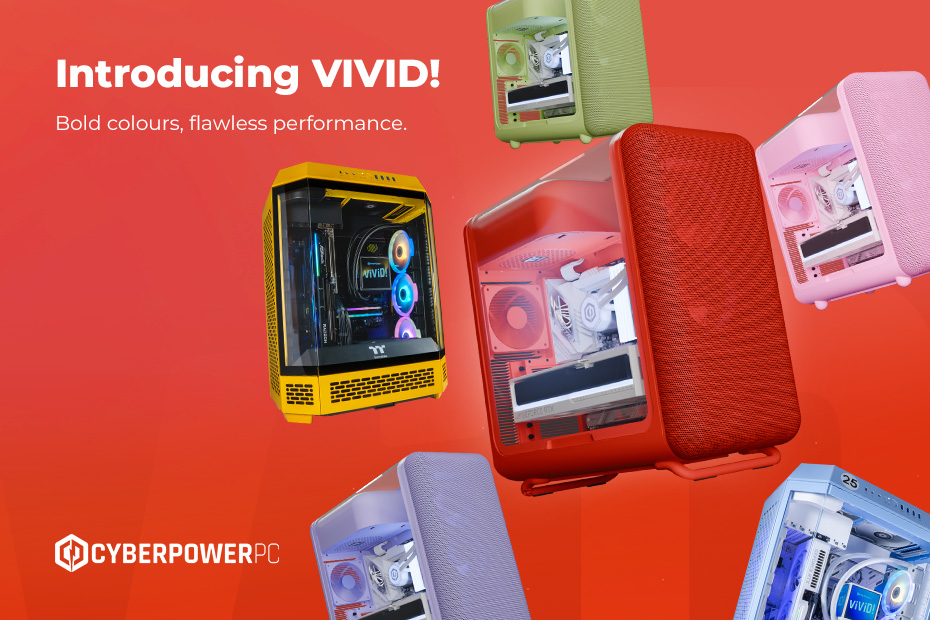 Images of the Vivid PC cases from Hyte. The Image is titled: Introducing VIVID! Bold colours, flawless performance