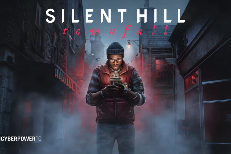 Silent Hill: Townfall cover artwork featuring Simon Ordell stood in the foggy atmosphere of St. Amelia, CyberPowerPC logo added to the left corner.