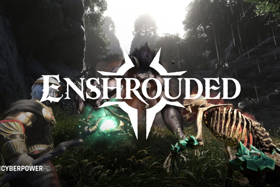 Enshrouded game screen capture of a player and a skeleton with a werewolf barreling towards them with vicious intent. Game logo overlayed, as well as CyberPowerPC UK logo overlayed.