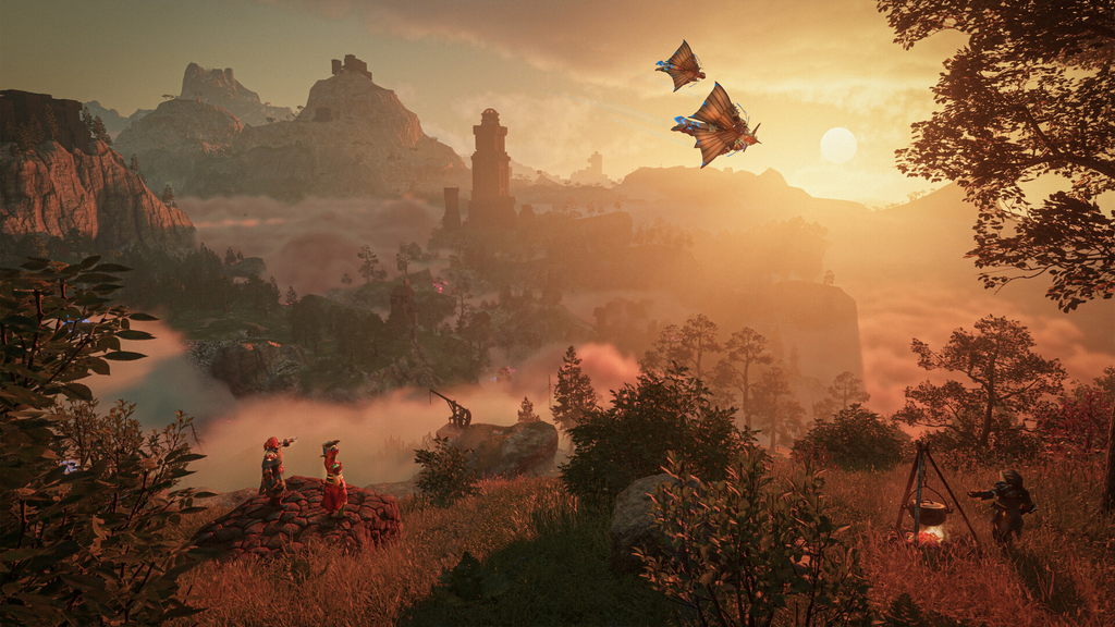 Screenshot from the game Enshrouded at maximum graphics displaying the sunset over the foggy mountain. Players sit on a rock, one cooking something in a pot to the side, overlooking a castle in the distance. Two players fly through the air on their gliders.