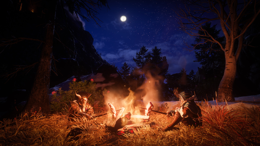 A screenshot from the game Enshrouded, featuring two players sat at a campfire on a dark night cooking meat on a stick.