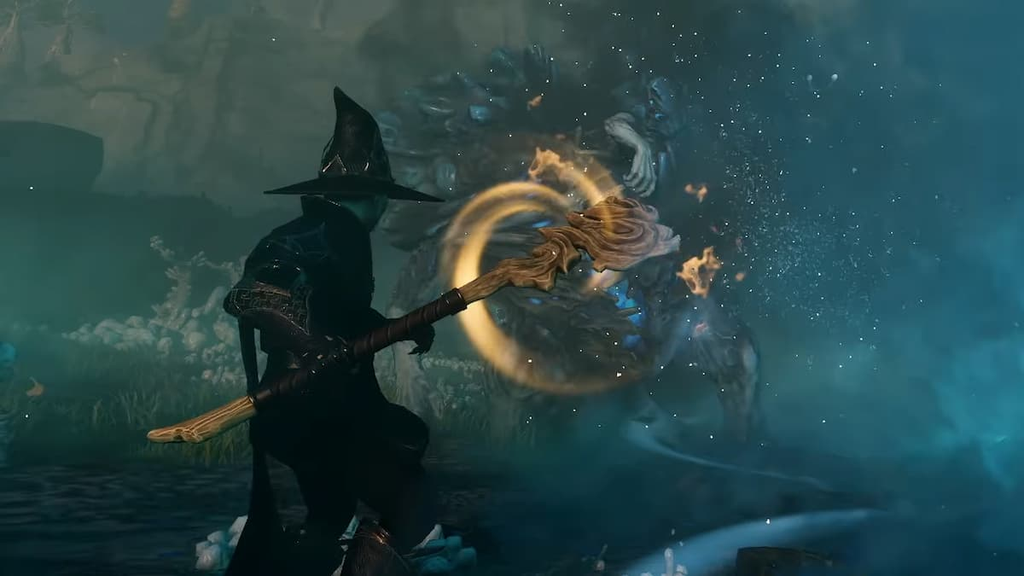 A screenshot from the game Enshrouded, featuring a battlemage character wielding a staff glowing with a yellow spell.