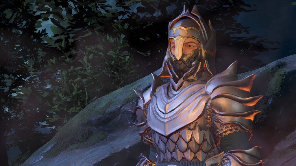 A screenshot of the game Enshrouded, featuring a heavily armoured player stood in front of a rock in the dark.