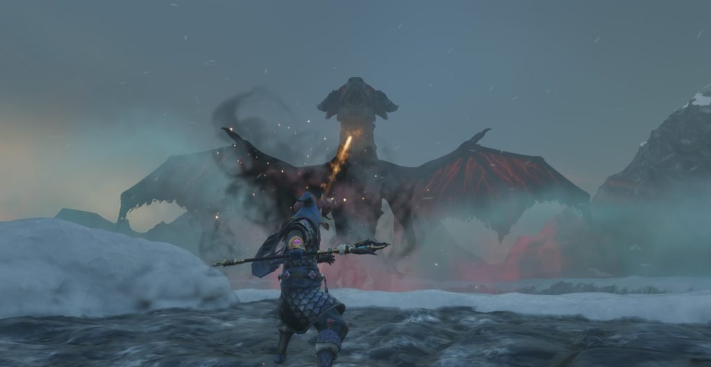 A wizard in the game Enshrouded firing a firebolt towards a red dragon in an icey biome.
