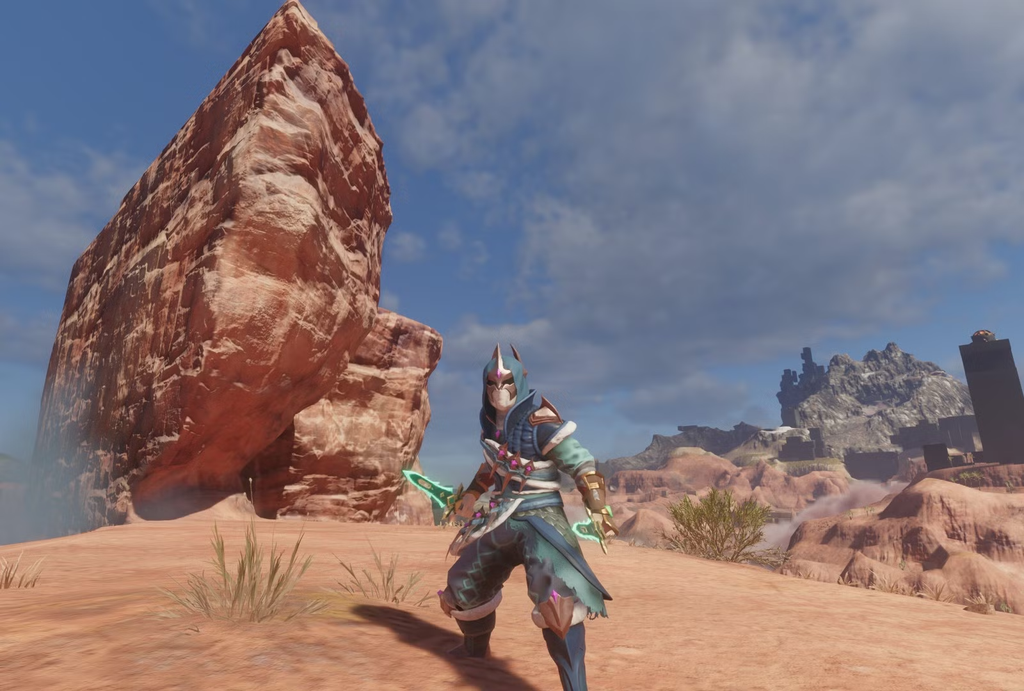 An armoured Assasin player in the game Enshrouded, stood with two glowing blue daggers in the desert.