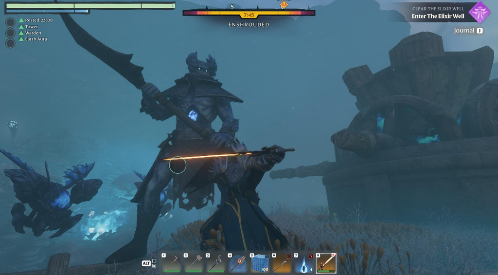 A giant ice monster in the game Enshrouded preparing an attack against the player.