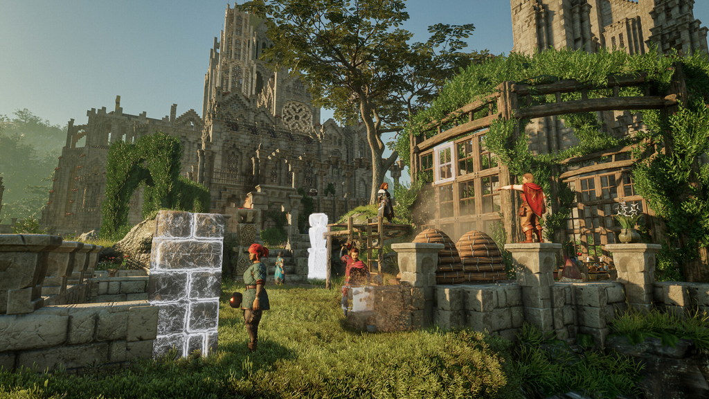 A screenshot of the game Enshrouded where rescued survivors are helping to build and repair the base.
