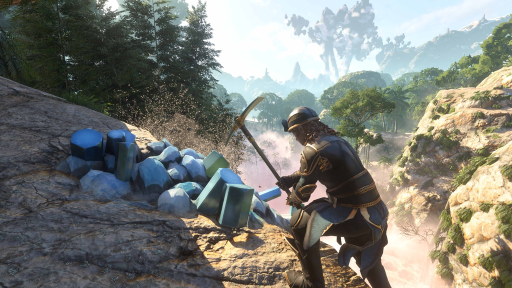 A player mining precious ores on a foggy mountainside in the game Enshrouded.