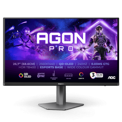 AOC 26.5" AGON PRO AG276QZD2 0.03MS 280Hz QHD 1440P Flat QD - OLED Adaptive Sync & G-Sync Compatible Monitor  (VESA Certified DisplayHDR™ True Black 400)