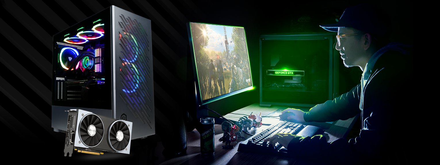 A gamer playing on a GTX 16 Series powered PC set up with a Cyberpower PC and GTX Graphics card overlayed to the left of the set-up.