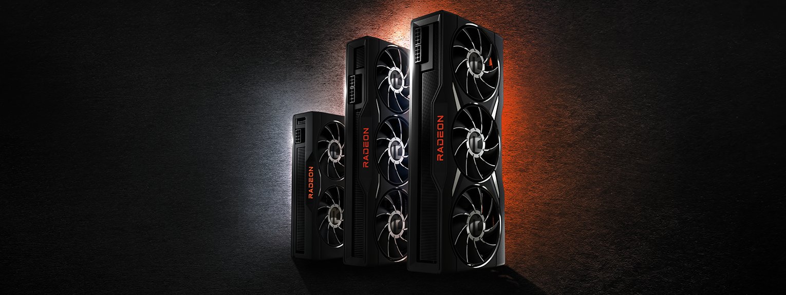 Promotional shot of three Radeon RX 6000 Series graphics cards