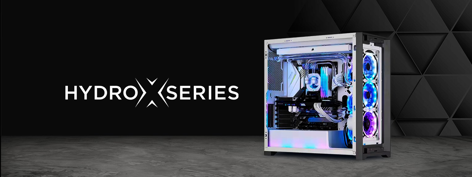A custom built Hydro-x Series PC from CyberPowerPC UK. Overlaid with the Corsair and Hydro X Series Logo.