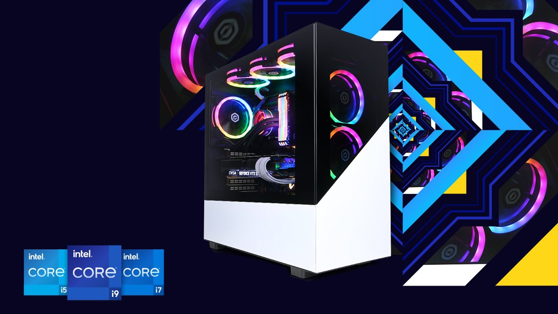 The Intel core 11th Gen promotional poster with the Intel i5, i7 and i9 logos and a Cyberpower white PC case.