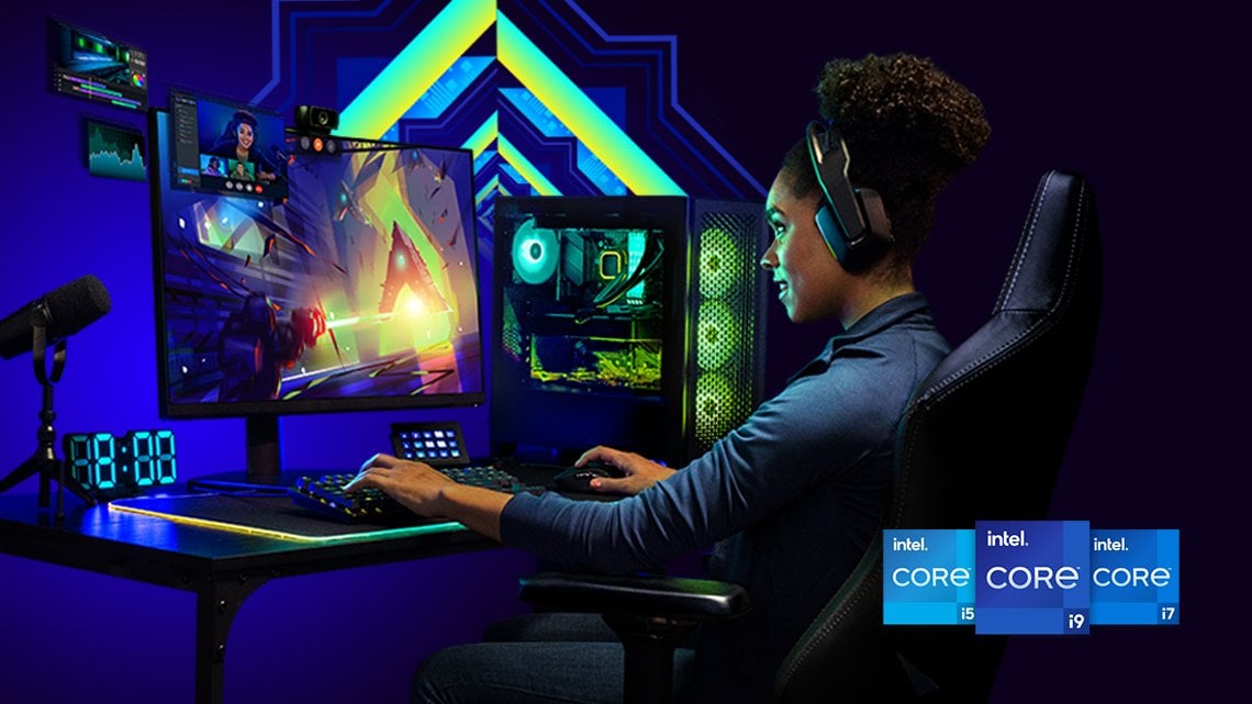 A female gamer playing on an Intel Core 12th Gen Gaming Set-up, whilst talking to her friends. Overlaid on the image are the i5, i7 and i9 12th Gen logos. 