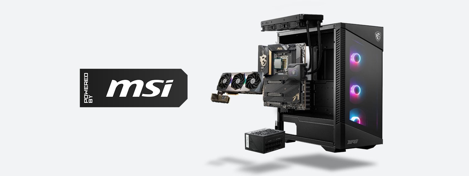 A powered by MSI PC showing all the different MSI components you can get in you system. 