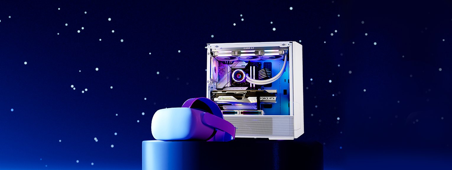 A white CyberPowerPC UK VR PC next to a VR headset, displayed on a plinth with a background representing a night sky.