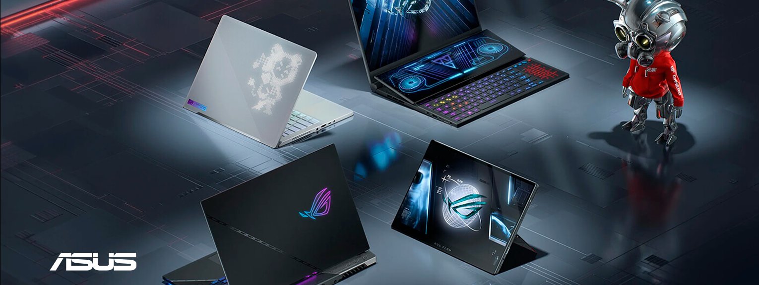 A range of ASUS Laptops with their ASUS ROG robot mascot,  