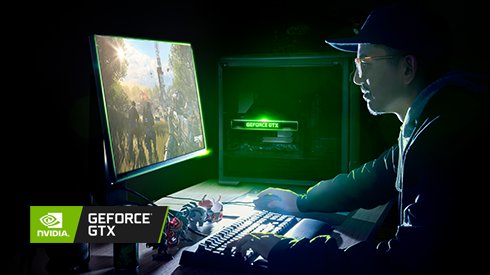  A gamer playing on a Gaming Desktop powered by a GeForce GTX 16 series graphics card.