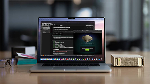 A surrealist shot of the NVIDIA RTX (Quadro) graphics cards in a city landscape to exaggerate their size. 