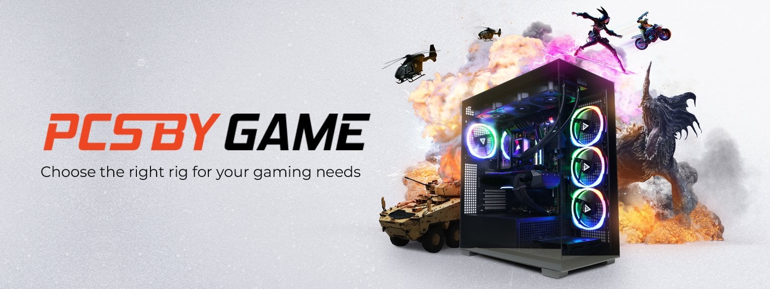 A Cyberpower gaming pc surrounded by characters from popular triple A games on a grey background with the title "PCs by Game" and the slogan "choose the right rig for your gaming needs". 
