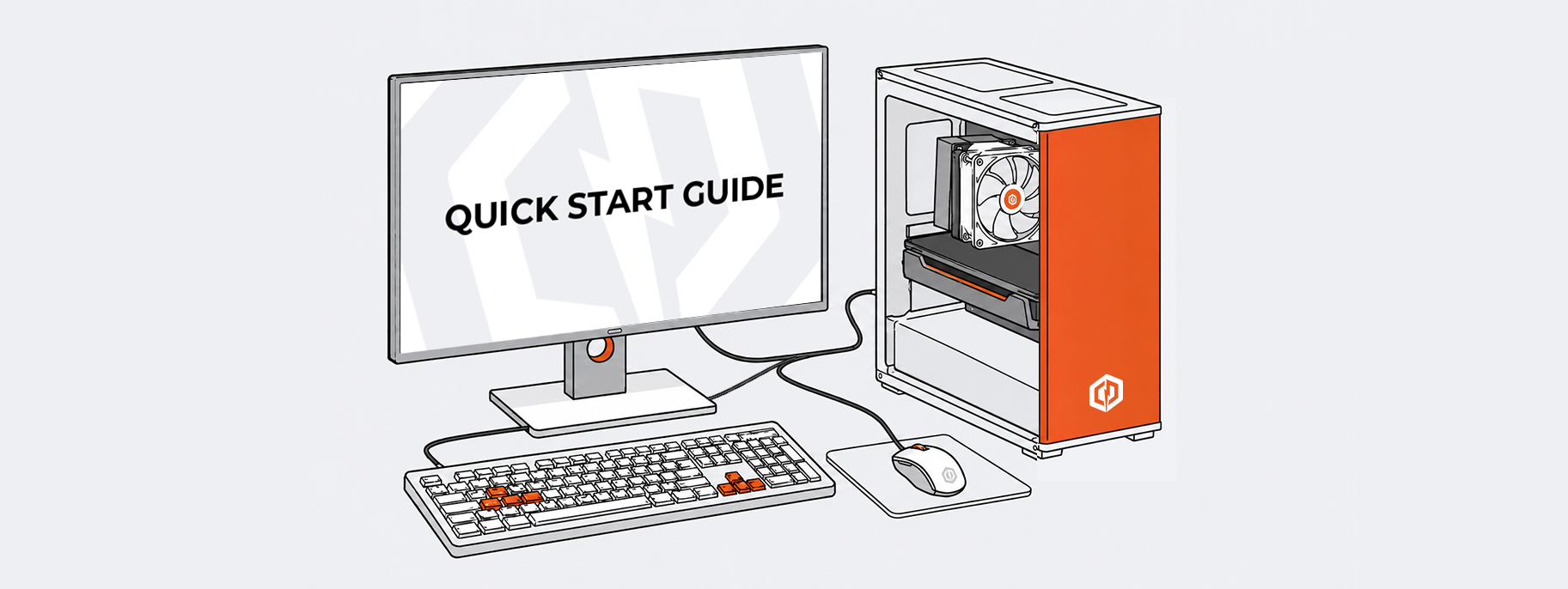 A complete PC setup including a computer case, mouse, keyboard, and monitor, with 'Quick Start Guide' displayed on the screen banner
